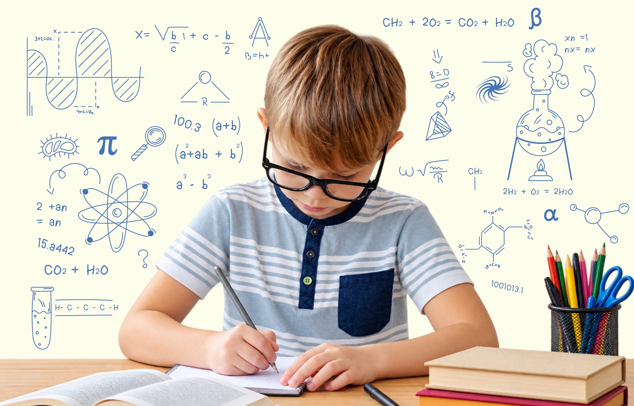 Estudiante resolviendo ejercicios de matemáticas rodeado de fórmulas, símbolos científicos y útiles escolares